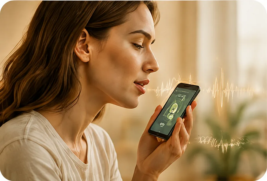 Žena hovorí do mobilného telefónu, vedľa nej sa vlní zvuková krivka