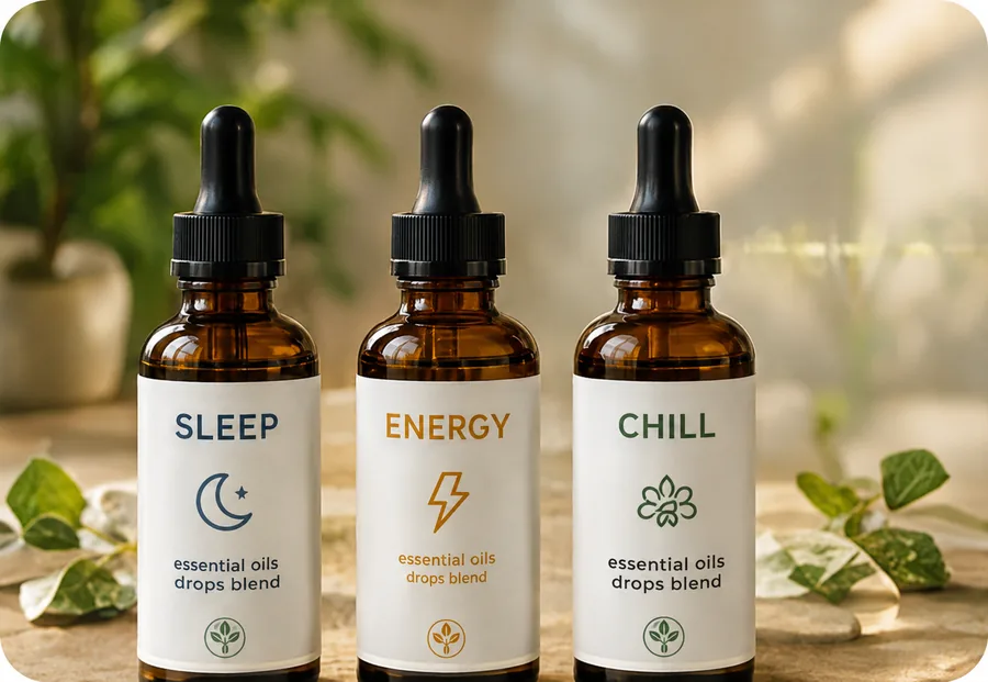 Tri fľaštičky Sleep, Energy a Chill s kvapkadlom
